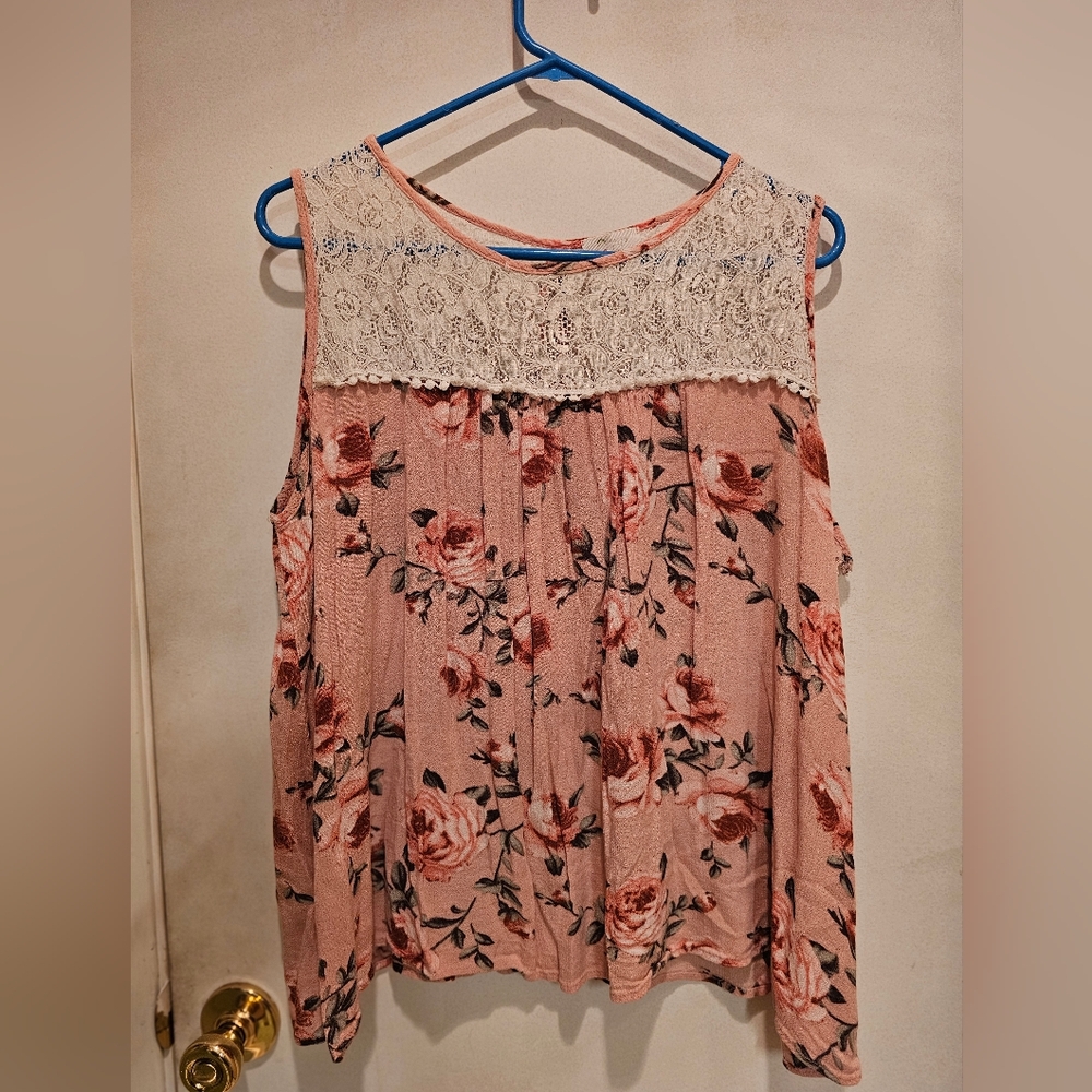 Floral Lace Yoke Camisole Tank Top - Pink